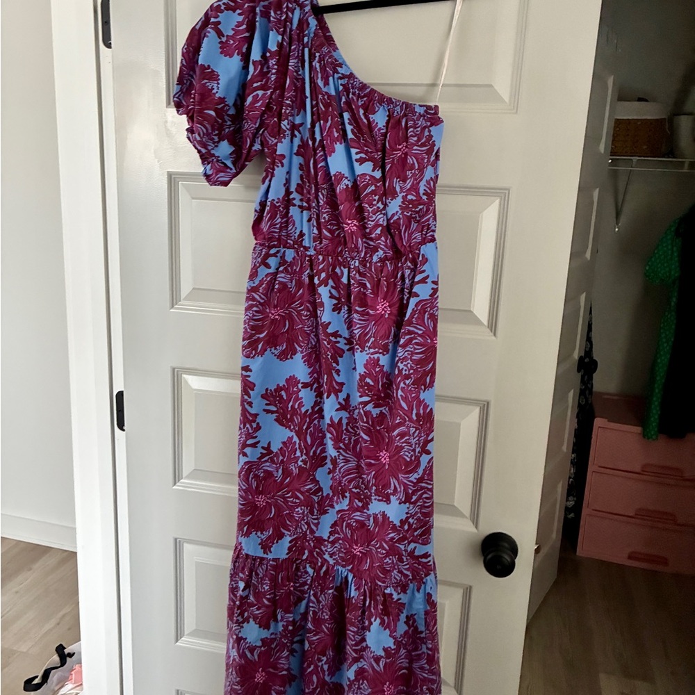 One-Shoulder Floral Dress in Blue and Purple